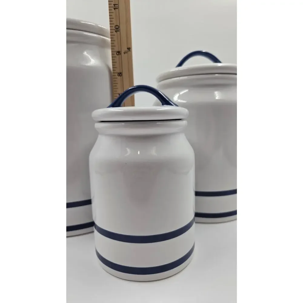 Martha Stewart Farmhouse White w/ Blue Stripe Ceramic Canister Set